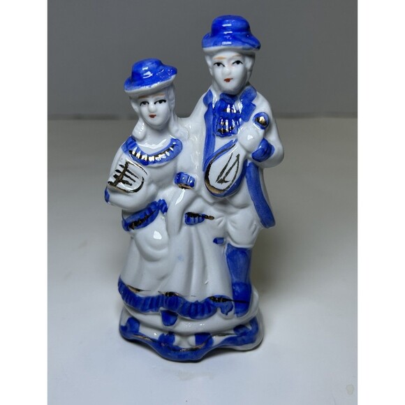 Vintage Victorian/Colonial Porcelain Couple Playing Music Figurine White/Blue - Picture 1 of 5